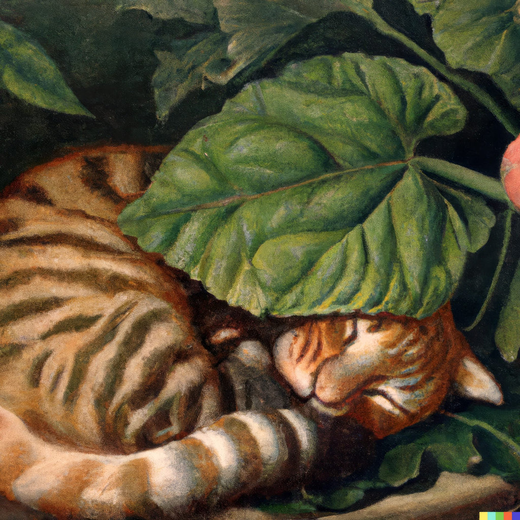 tiger_rolled_up_like_all_cats_do_it_mostly_while_sleeping_covering_his_head_under_an_oversized_grean_leaf_sleeping_with_eyes_closed_in_a_garden